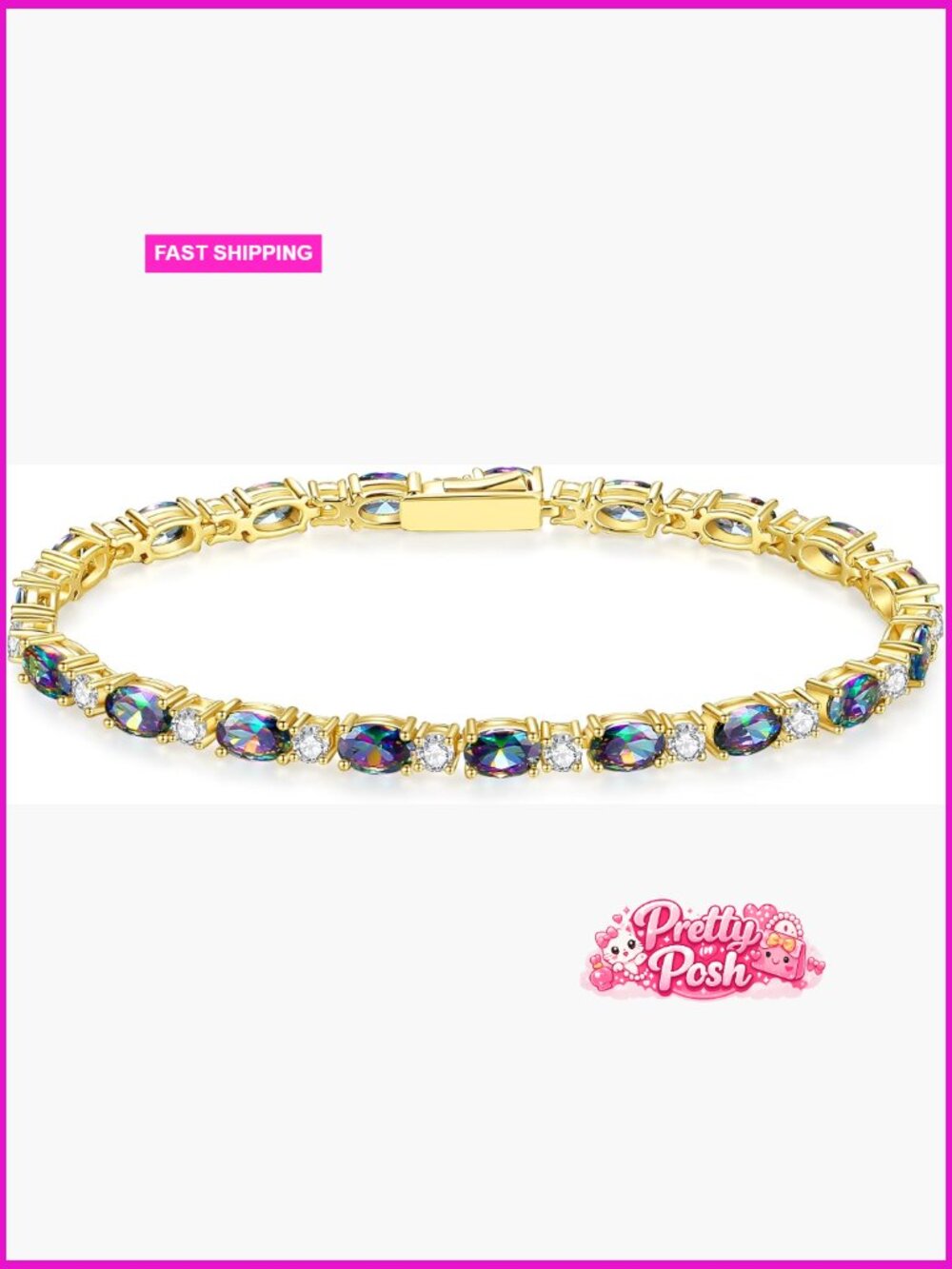 14K Gold Plated Sterling Silver Birthstone Tennis Bracelet 7"